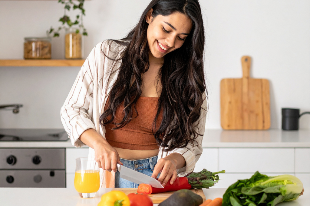 a woman eating healthy to prevent skin aging